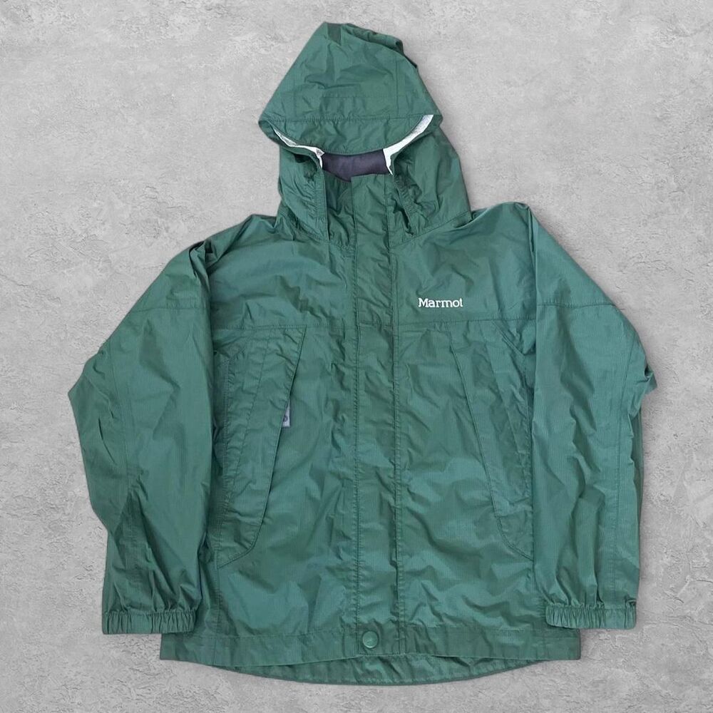Marmot Kids Hooded Rain Jacket Green XS Waterproof Hiking Outdoor